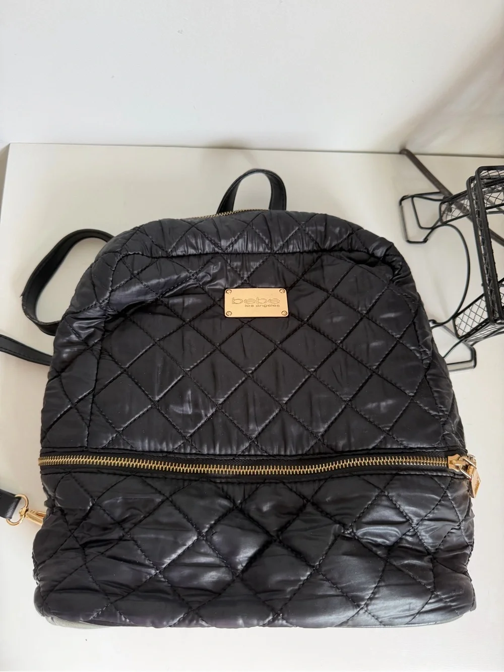 bebe Quilted Black Backpack with Gold-Tone Plate